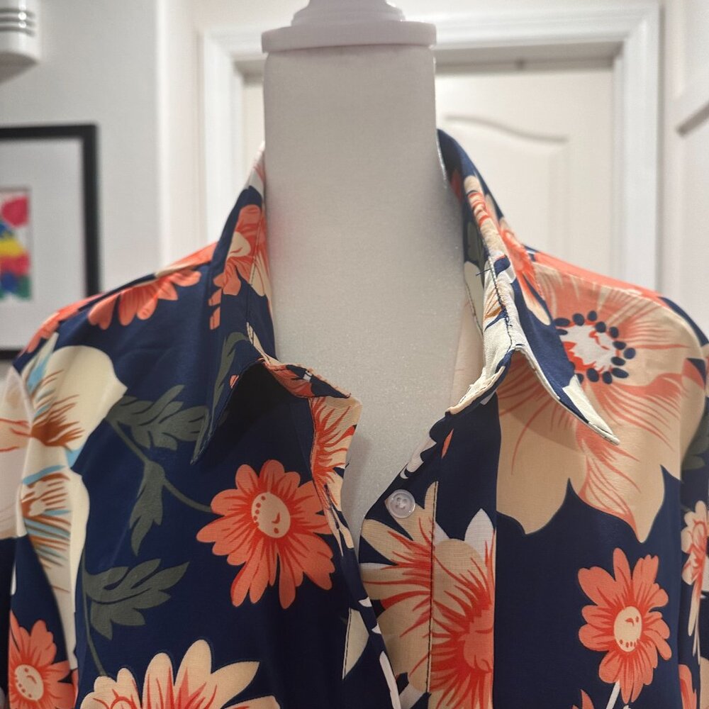 Women Casual Lapel Collar Floral Button Down Long Sleeve Belted Shirt Dress XL - Picture 5 of 6